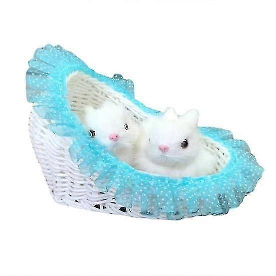 Realistic Furry Double Rabbit Figurine Sitting in Basket Home Table Decoration
