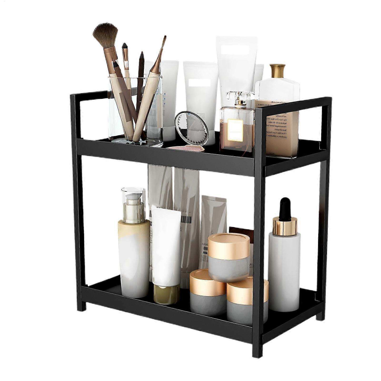 Small 2 Tier Desktop Shelf Black, Compact Bathroom Stand, Space Saving Bookshelf Organizer, Versatile Makeup Display Rack