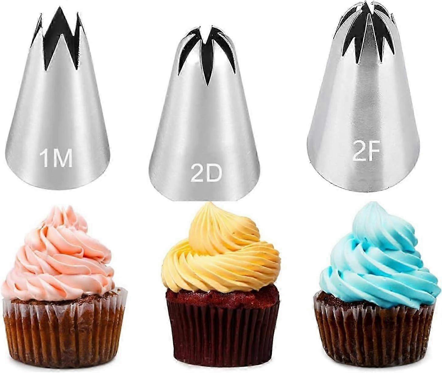 3 Piping Nozzles - 1M 2D 2F Large Piping Nozzle Tips, Stainless Steel Cake Decorating Tips for Frosting, Cupcakes.