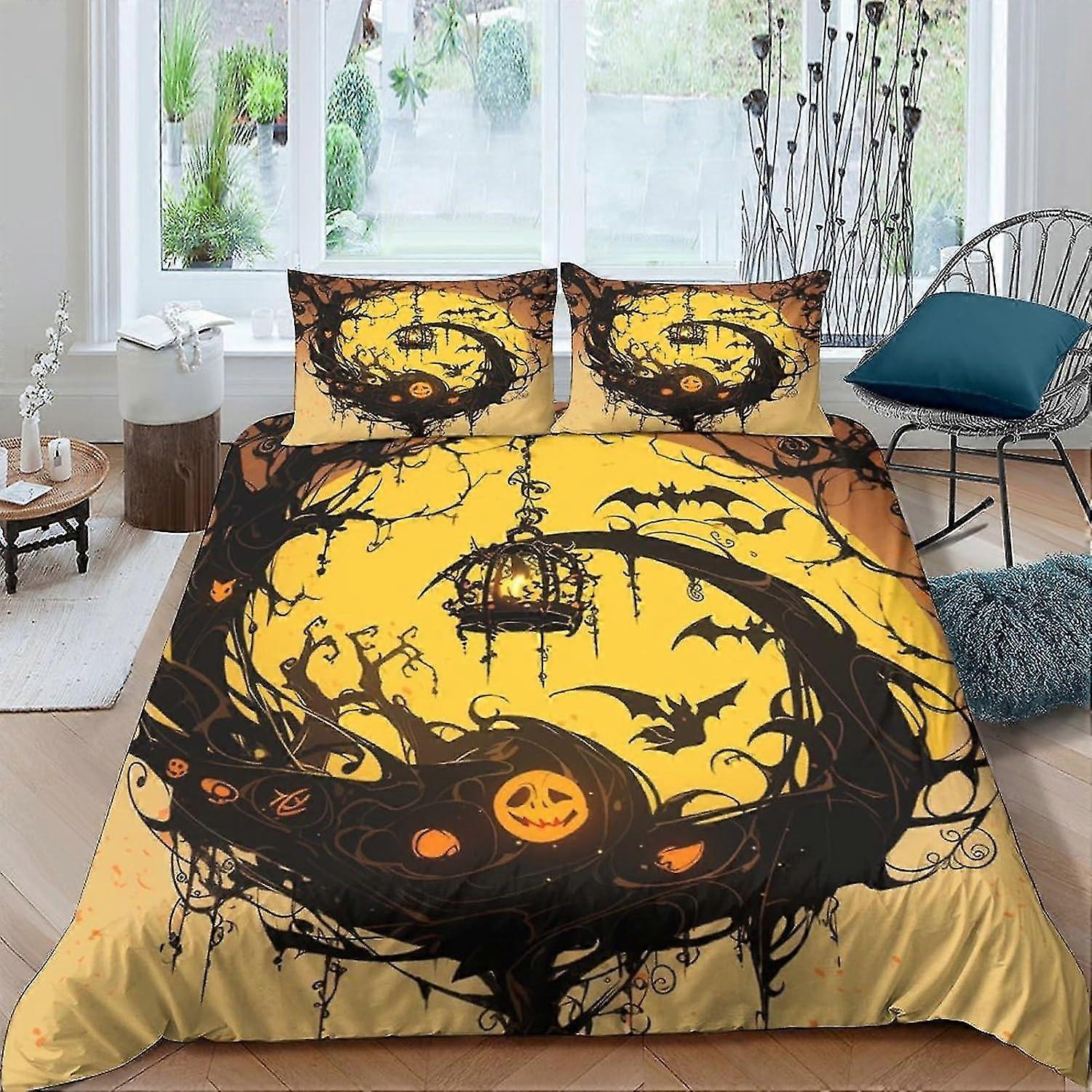 Halloween Dekbedovertrek Microfiber Beddengoed Set, 3D Print Pompoen Dekbedovertrek & Kussensloop, Met Rits Sluiting, Zachte Dekbedovertrek 3 Stuks Set