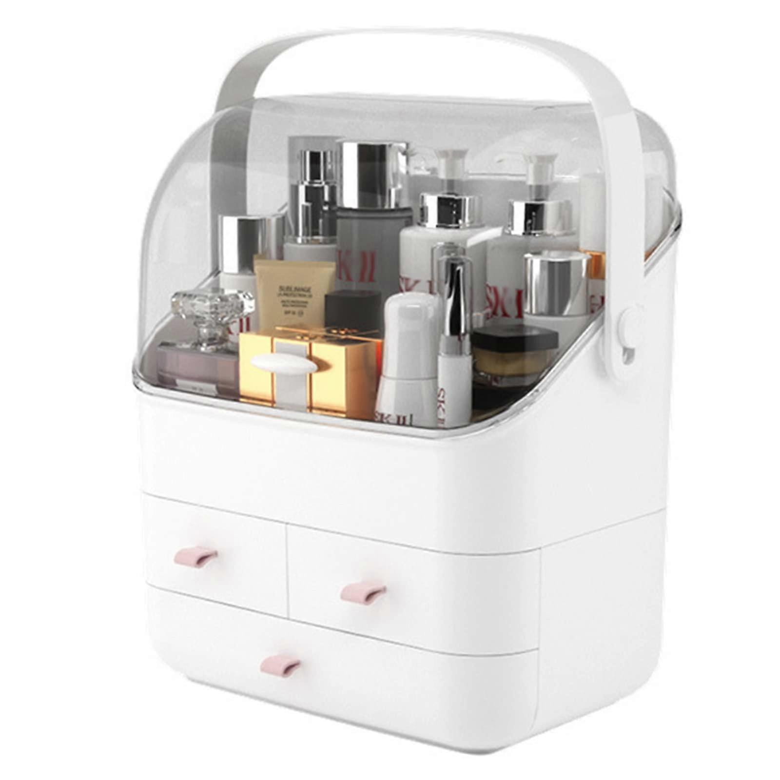 Makeup Organiser with Clear Hinged Lid, White Skincare Storage Box for Dresser or Countertop, Elegant Design, Simple Style