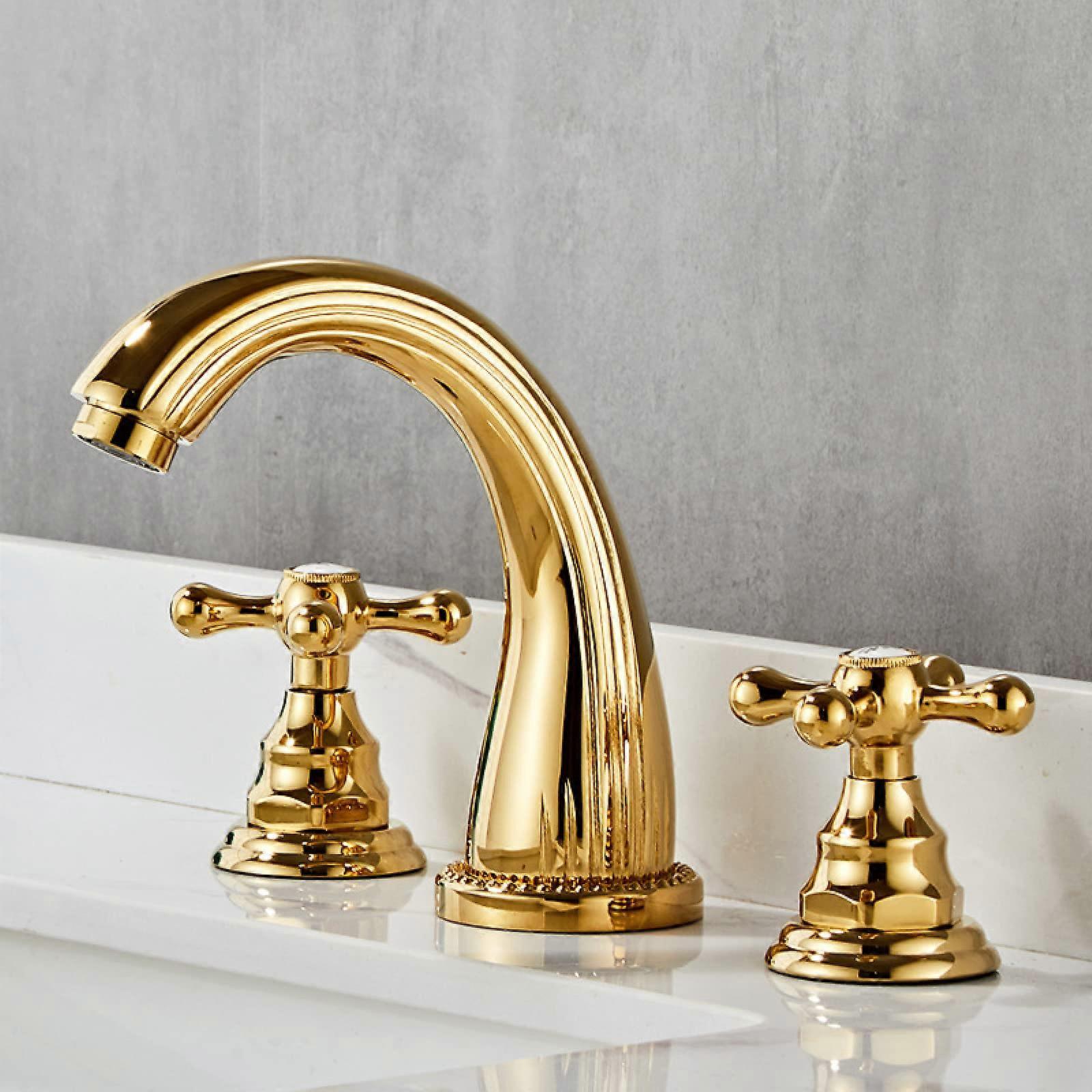 Basin Mixer Tap Retro Gold Brass Bathroom Sink Mixer with Hot and Cold Water, Two-Handle 3-Hole Design