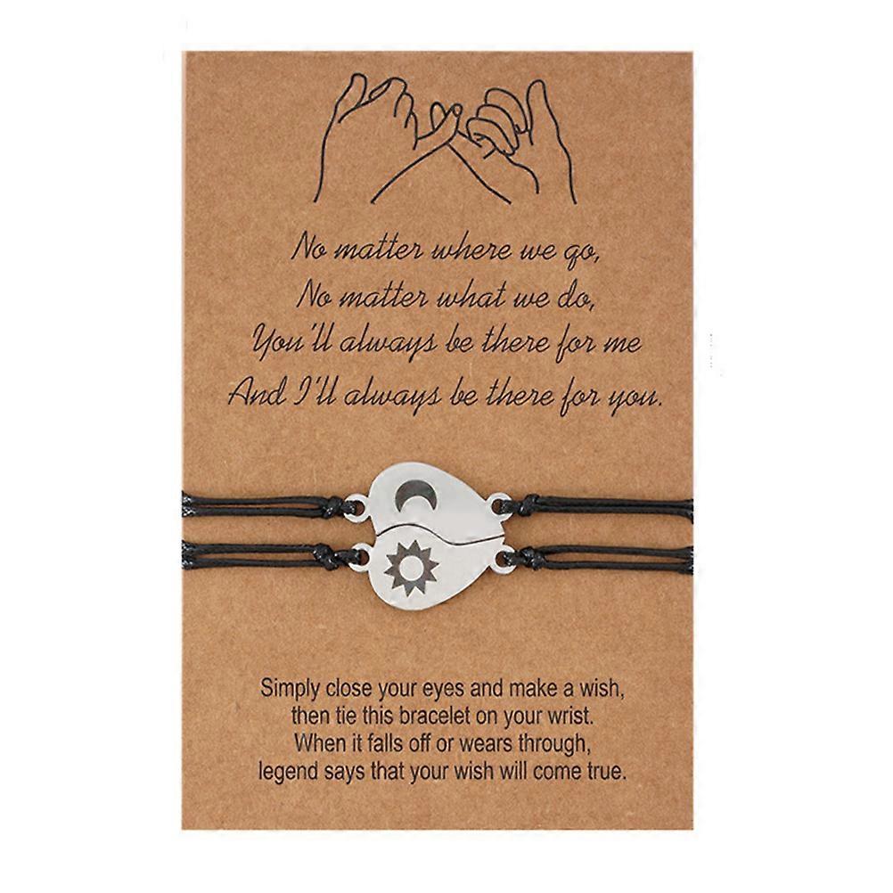 Moon and Star Engraved Charm Bracelet with Adjustable Cord for Couples – Heart Pendant for Anniversary, Valentine’s Day, and Special Occasions