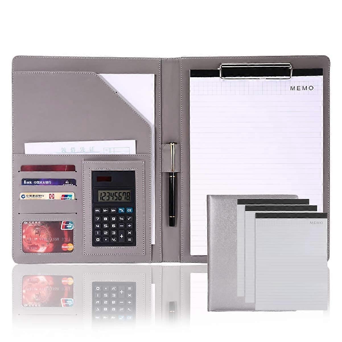 Writing Case, Portfolio Organiser, A4 Leather, Business Notepad, Card Holder, 8Digit Calculator, Green