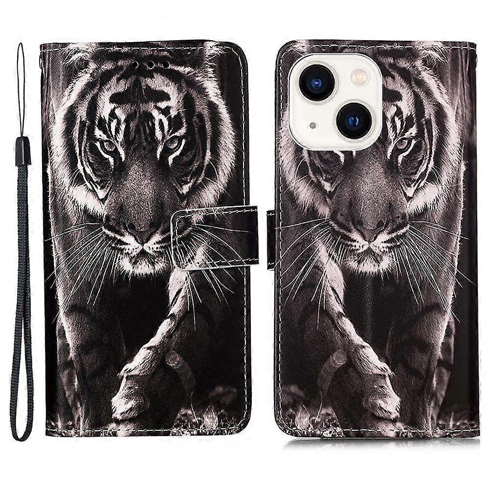 For iPhone 15 Leather Case with Strap and Card Holder Pattern Printing Phone Stand Cover - Tiger