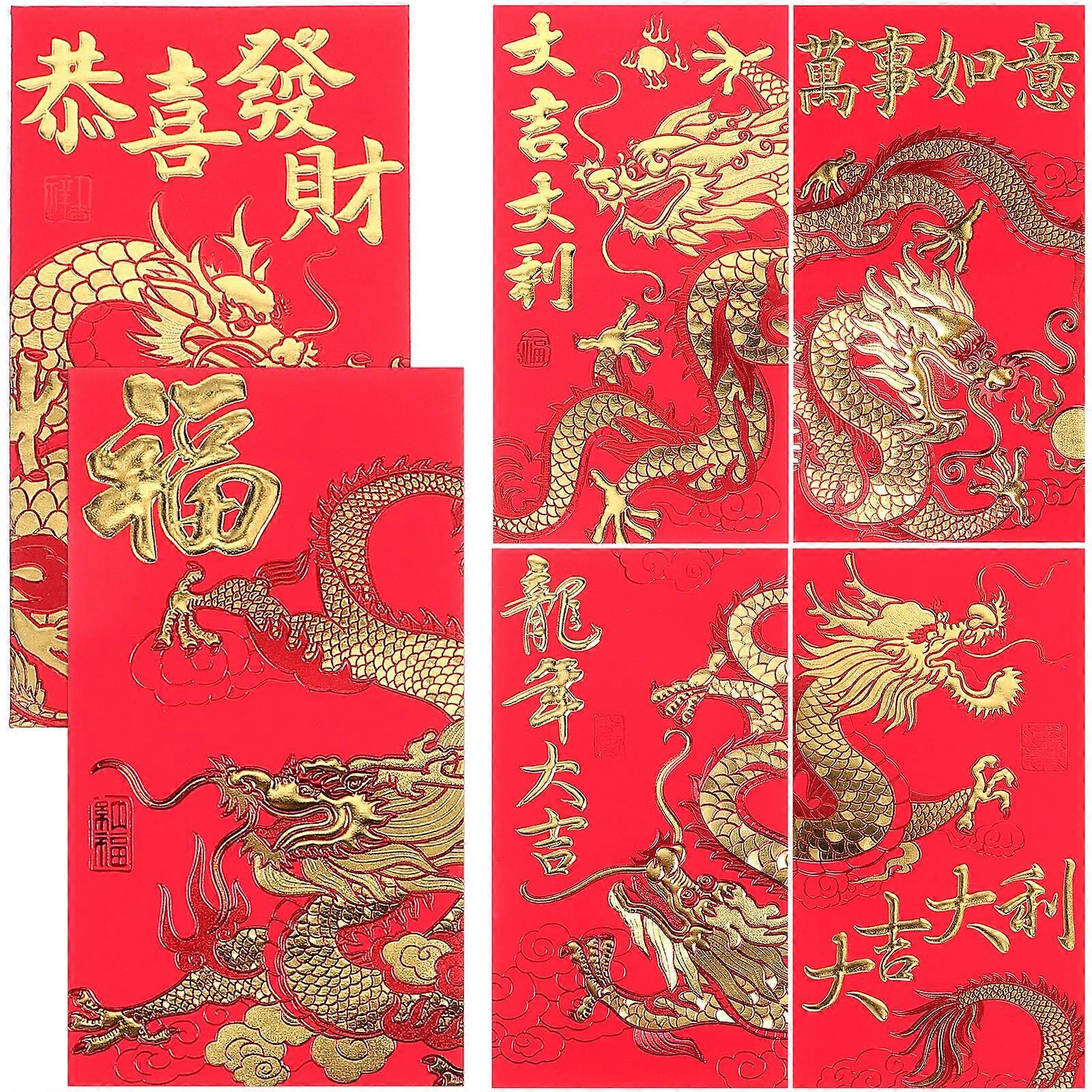 Chinese Red Envelope 2024 New Year 6pcs Chinese Gold Foil Character Year Of Dragon Fengshui Envelope Hong Bao Lucky Money Red Packets For Chinese