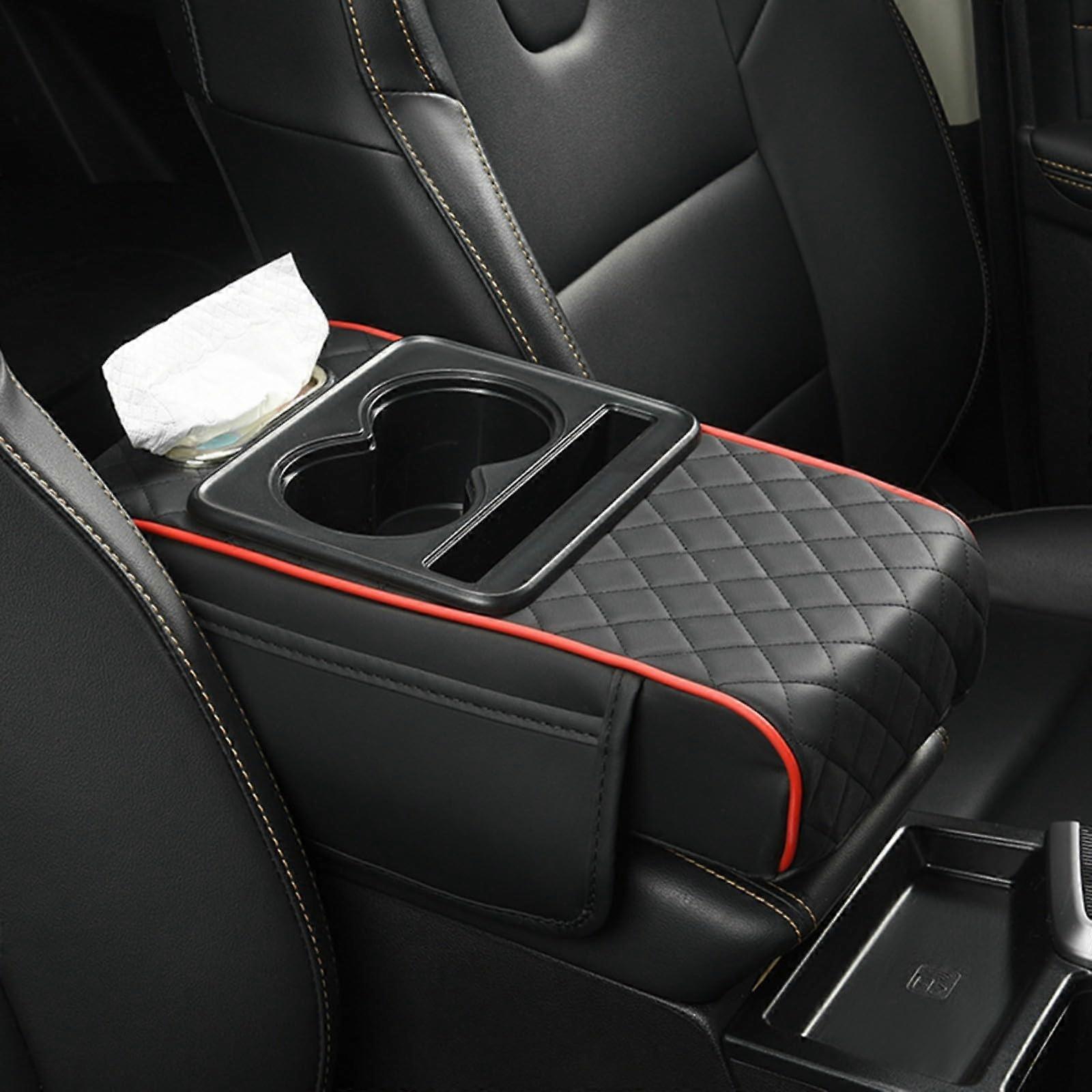 Center console armrest pad with memory foam for enhanced elbow support and tissue holder (black with red trim)