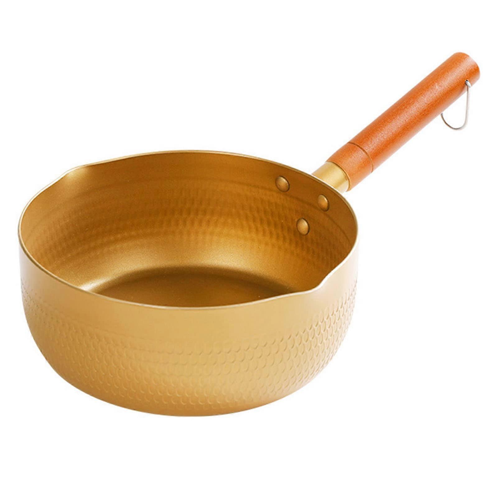 Golden Non-Stick Saucepan 18cm with Wooden Handle for Ramen, Tempura, and Milk Cooking, Gold Finish