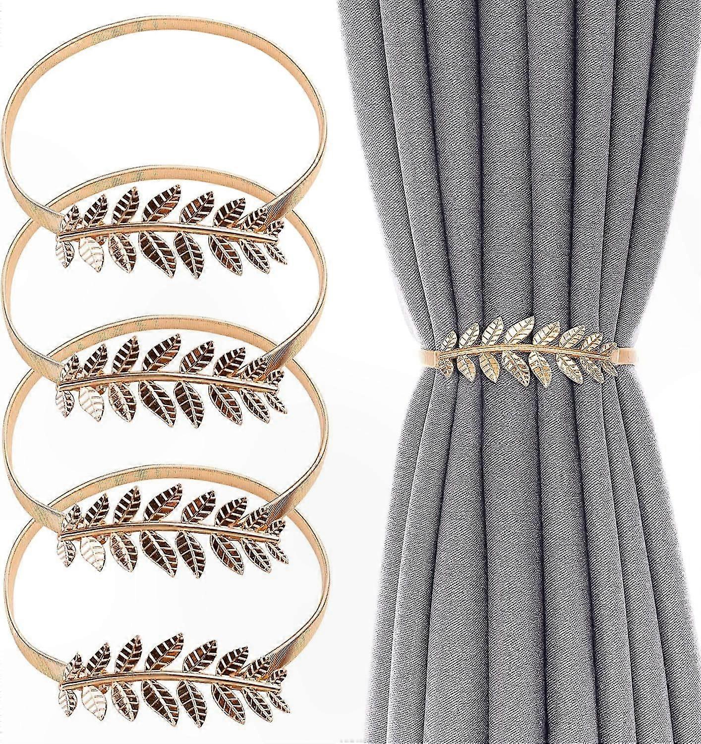 Silver Leaf Curtain Holders, 4 Pack Adjustable Elastic Alloy Clips with Spring Rope for Drapes and Curtains