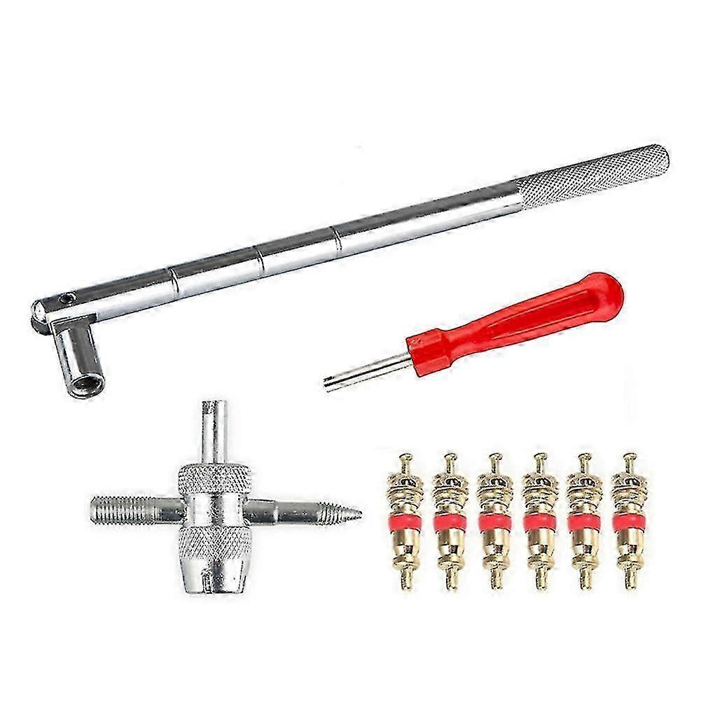 Valve Stem Removal Tool 6pcs Valve Cores 4-way Valve Tool Valve Core Remover Tackle Tire Repair Valve Tools Set