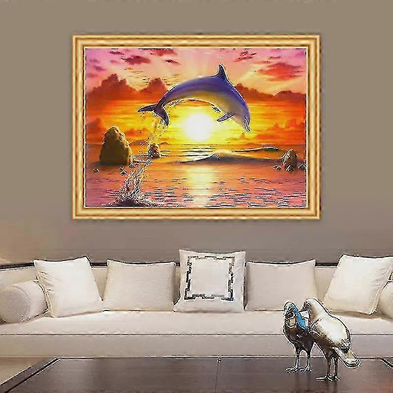 2025 5d Diy Round Diamond Painting, Jumping Dolphin Pattern, Mosaic Decorative Painting Set, Without Frame