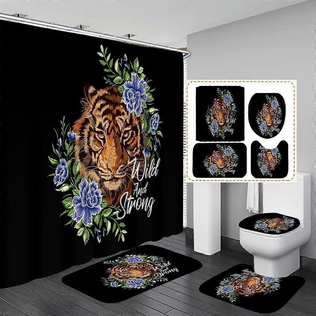4 PCS Leopard Butterfly Bathroom Set with Shower Curtain Set with Rugs