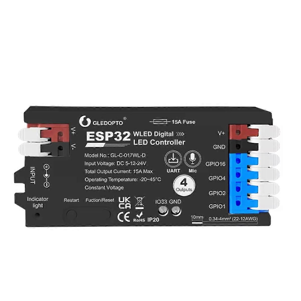 ESP32 WLED Controller with 4 Outputs 15A Fuse Mic Sound Dynamic Lights DIY Energy Saving Relay Level Shifter IC Black
