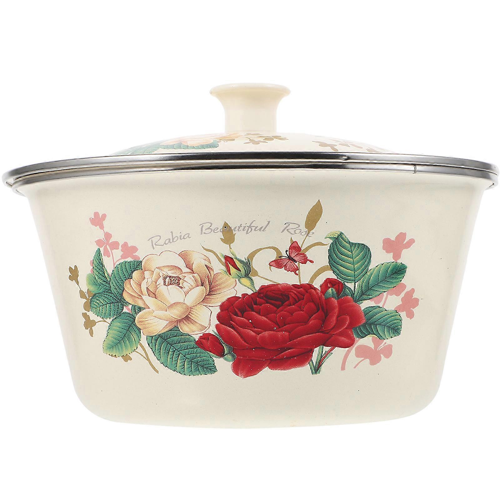 Vintage Enamel Pot with Lid for Kitchen Use 1Pcs Household Soup Basin