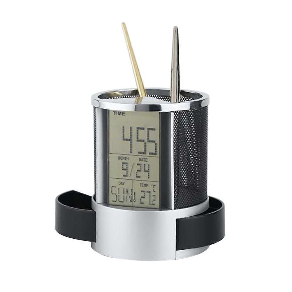 Mesh Pencil Organizer And Desk Calendar Clock For Adults In Home Office With Multi-Functional Features 1Pack