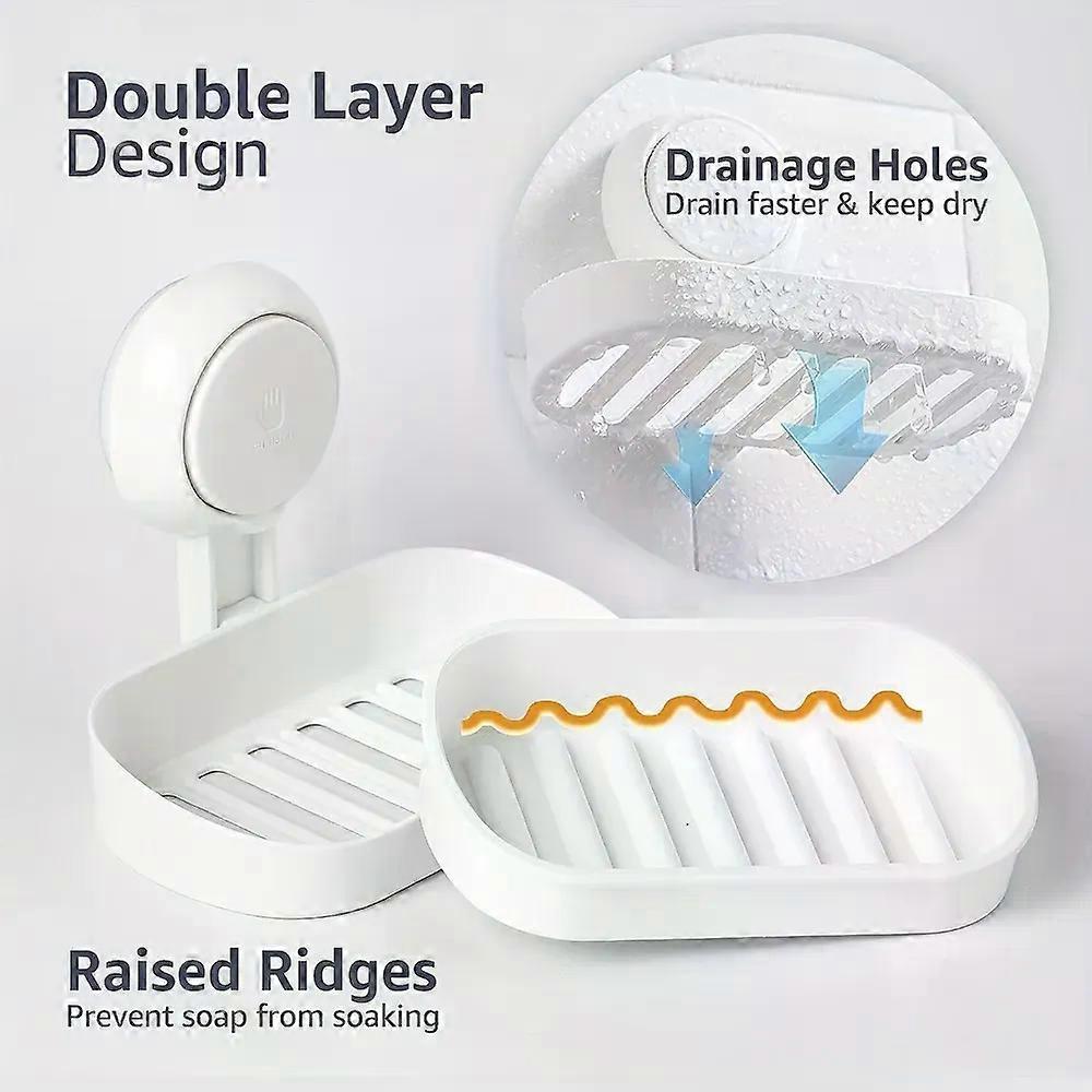 No Drill Shower Soap Dish Holder Wall Mount Strong Suction Cup Self Draining Rectangular Plastic for Bathroom Kitchen Soap Dish