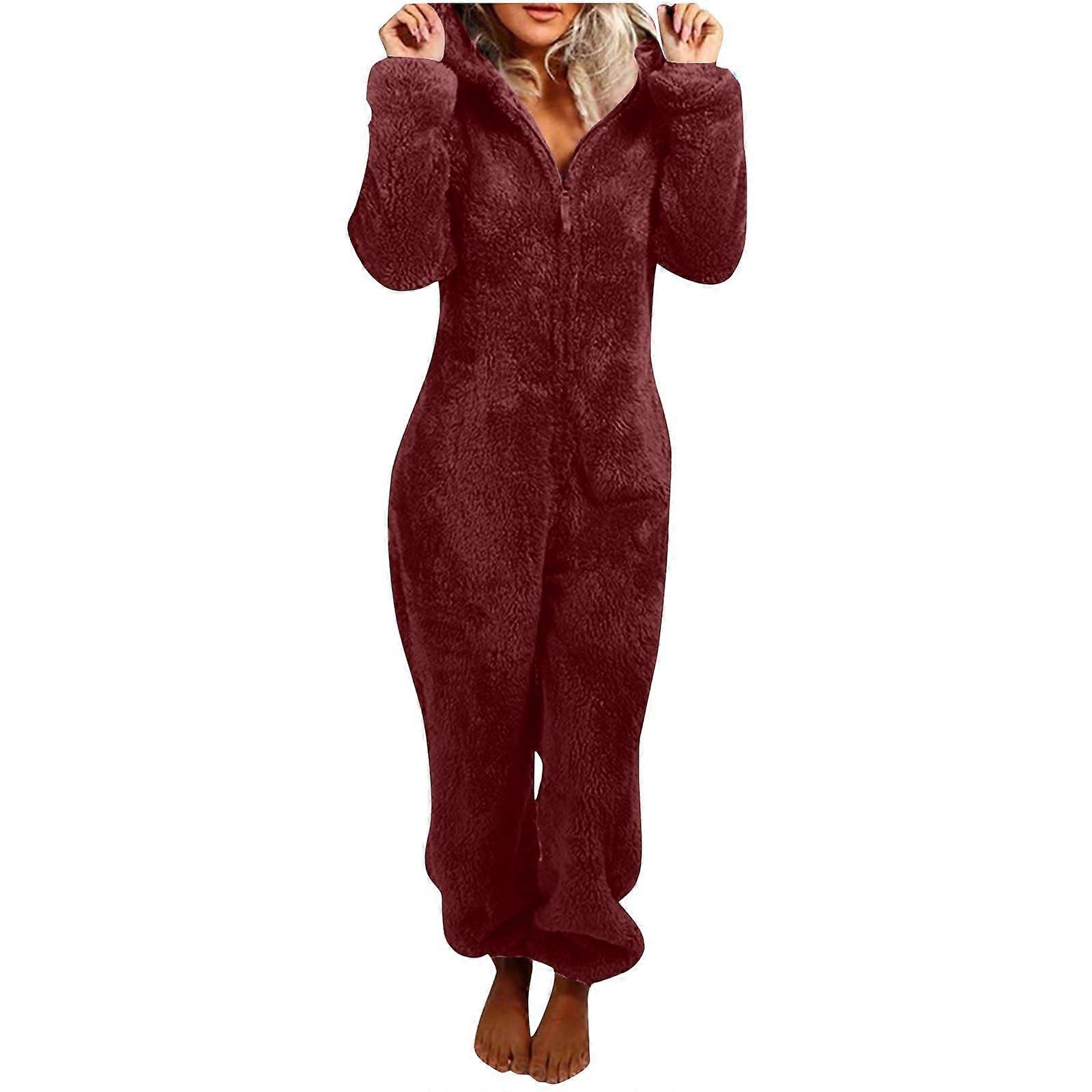 Women's Plush Hooded Bodysuit Plush Pajamas Long Sleeve Warm Flannel Bodysuit  Burgundy XL