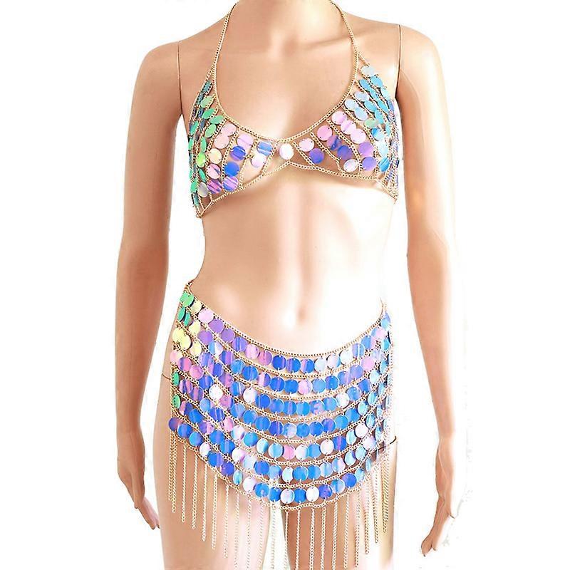 Carnival Metal Chain Sequin Bra Harness for Women Bikini Tassels Chain Skirts Festival Costume