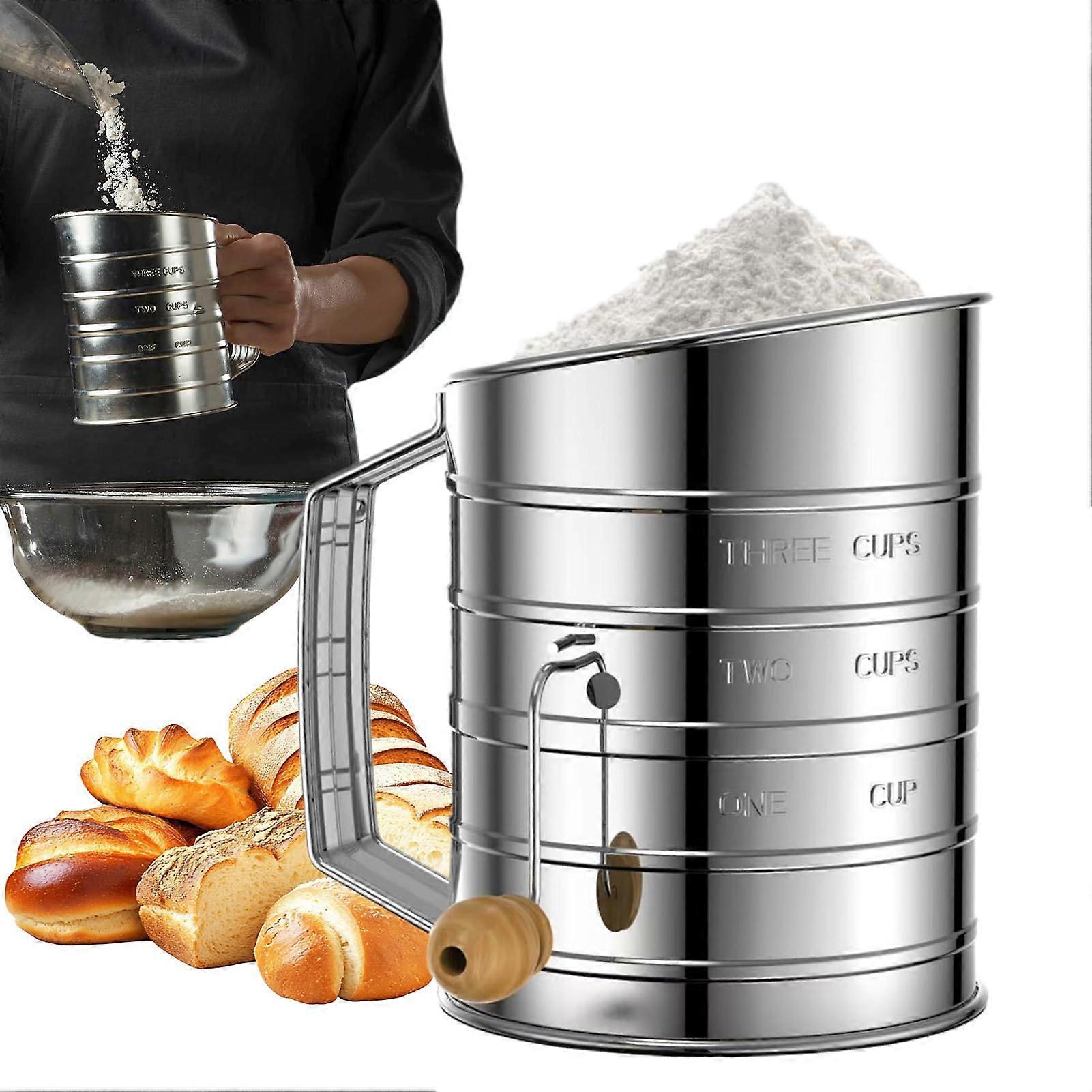 Flour Sieve Fine Mesh Rotary Hand Crank Sifter with Agitator Dishwasher Safe for Baking Cakes Bread Pastries