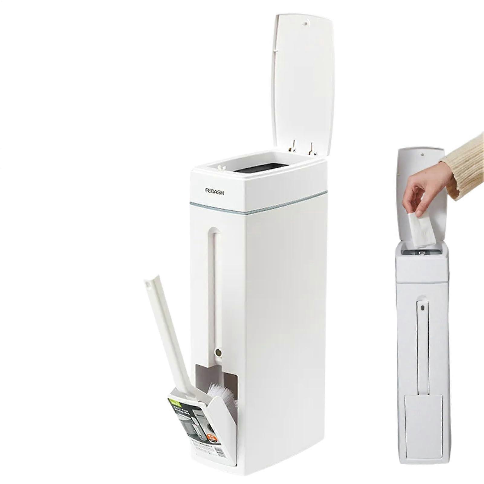 Space-Saving Bathroom Trash Bin With Toilet Brush | Slim Modern Waste Can With Lid | Compact Garbage Can For Small Spaces