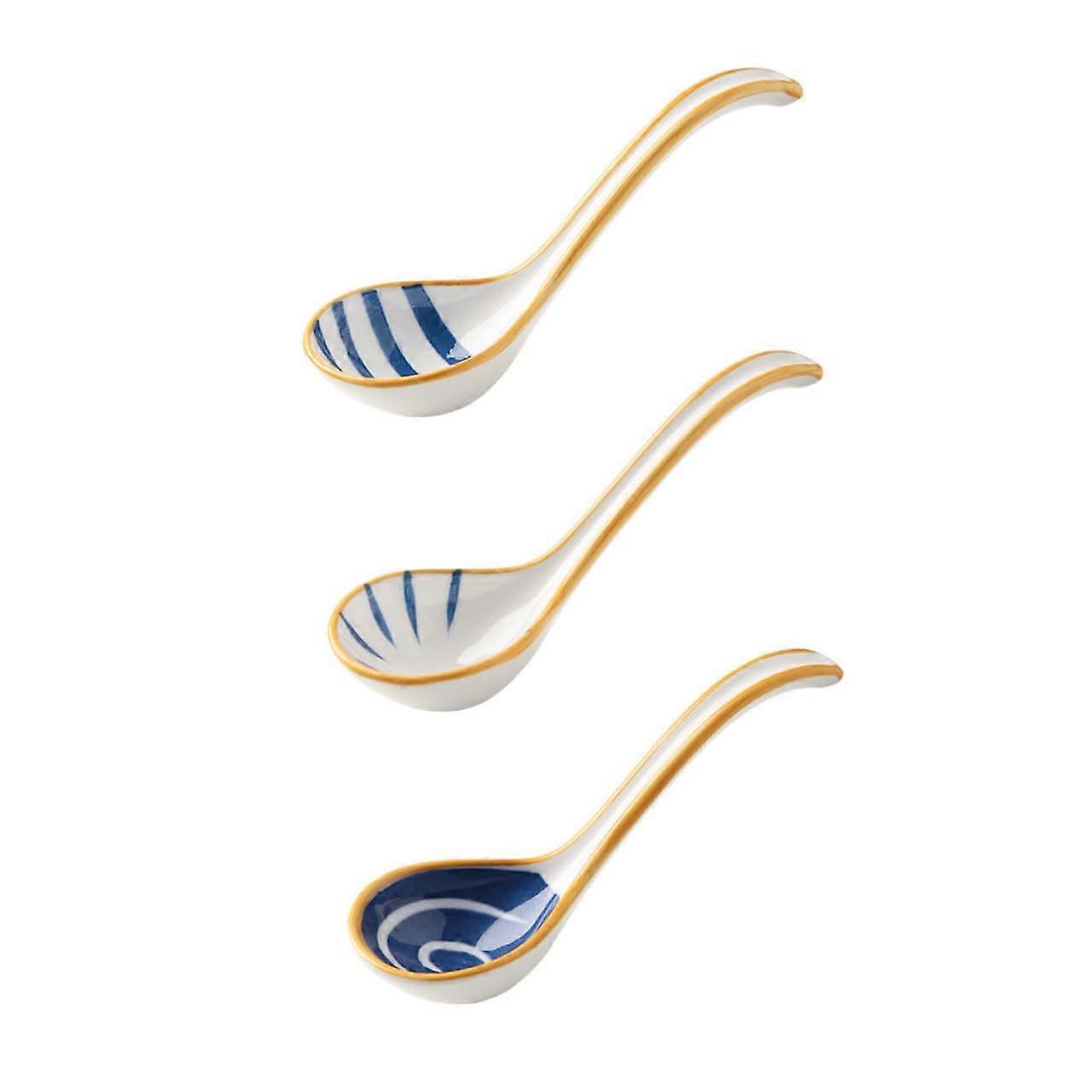 3Pcs Japanese Ceramic Soup Spoons for Ramen Pho Udon with Ergonomic Long Curved Handles