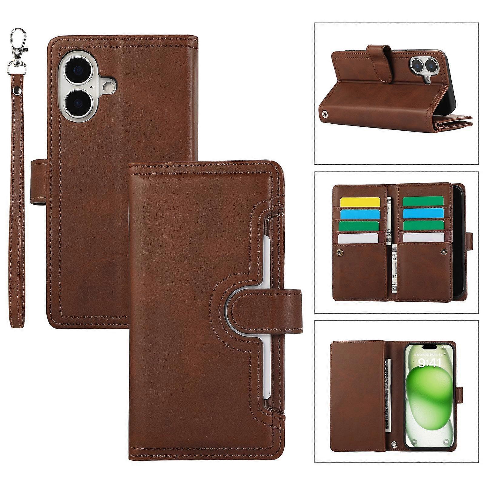 For iPhone 16 Case Split Leather Magnetic Wallet Phone Protector with Wrist Strap