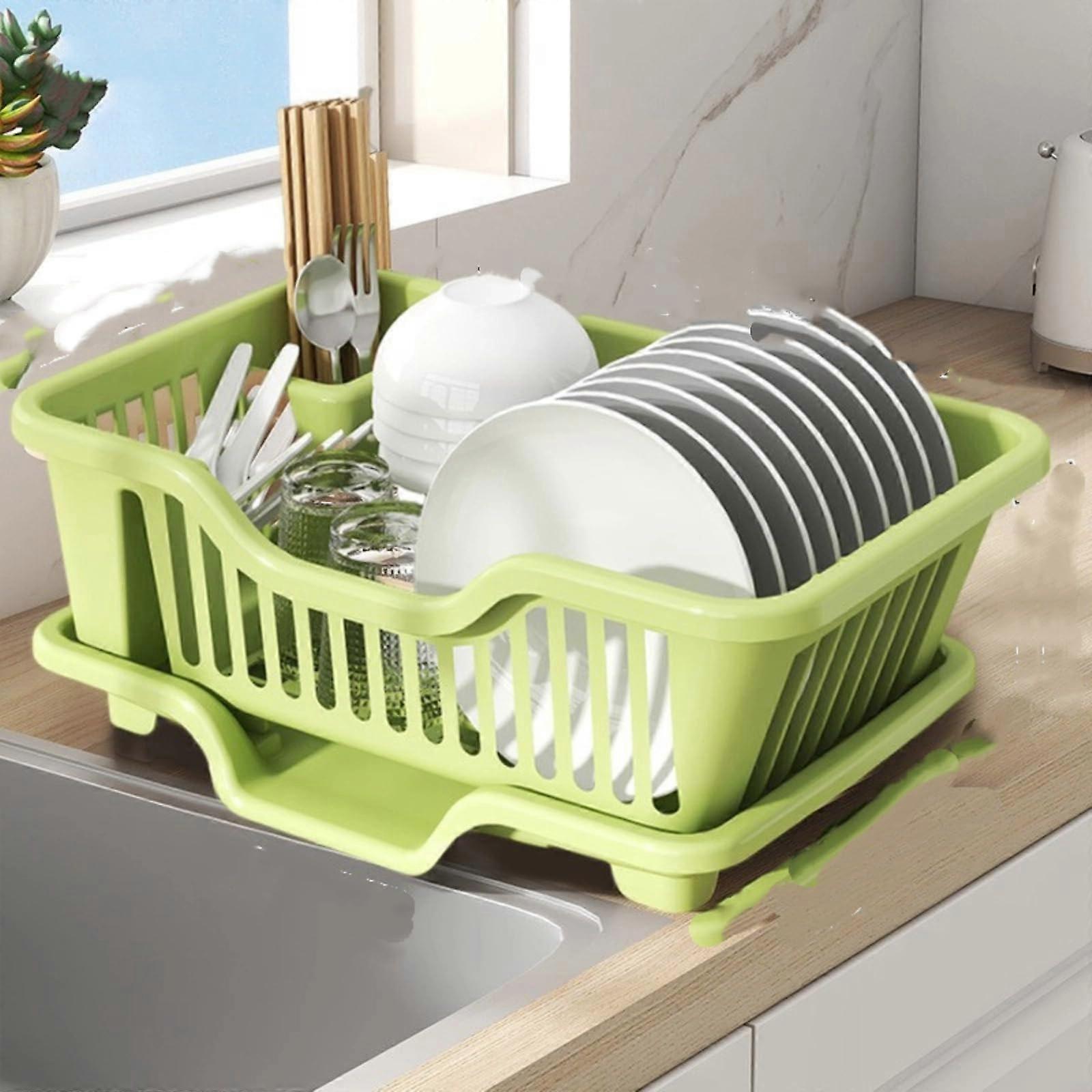 Kitchen Dish Drying Rack with DoubleLayer Drainage, Compact Countertop Utensil Organizer
