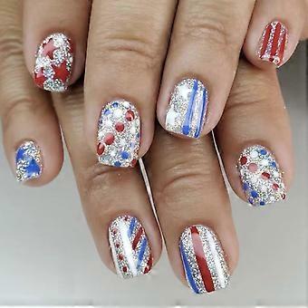 4 juli plaknagels, korte vierkante glitter nepnagels met sterrenstreepdesign, herbruikbare set van 24 stuks