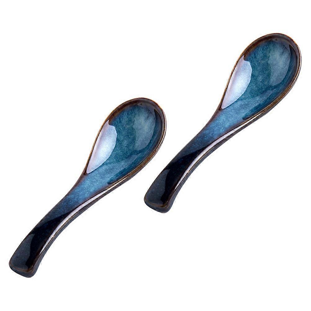 Ceramic Soup Spoons Serving Dessert Household Blue 14X4CM Flatware Shape 2Pcs