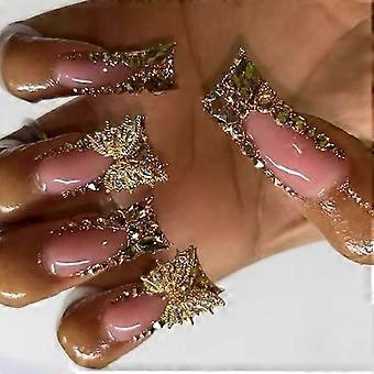 Conjunto de 24 unhas postiças francesas com desenho de borboleta e formato de pato, em acrílico.