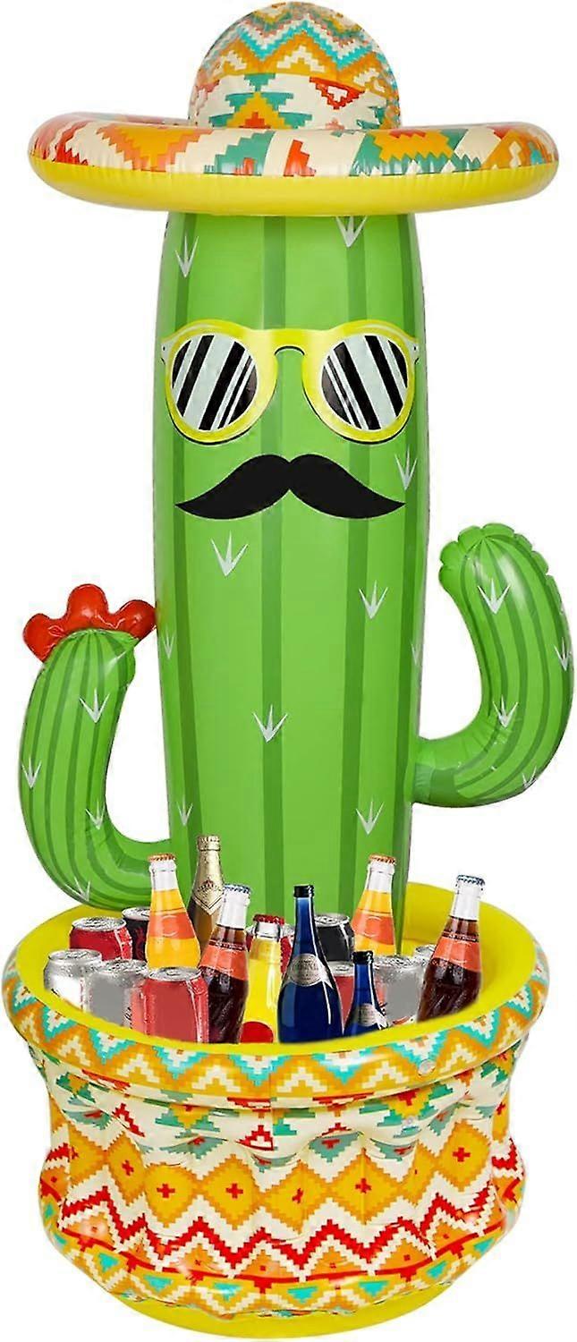Balde de gelo inflável em formato de cacto, 140 cm, com cactos usando sombreros, ideal para festas temáticas havaianas na piscina durante o verão.