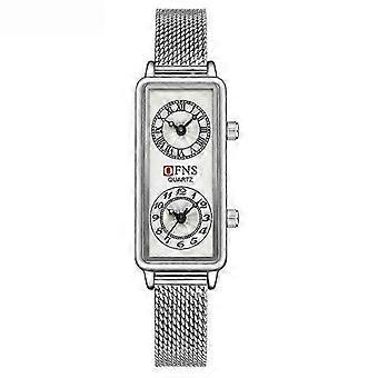 OFNS Women's Dual Time Quartz Watch - Rectangular Case with Stainless Steel Mesh Band, Elegant Roman & Arabic Numerals