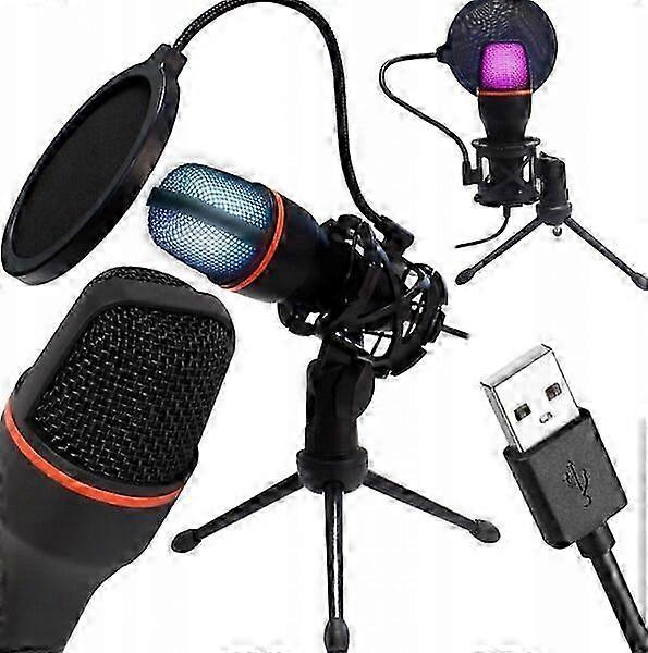 USB Computer Microphone with Tripod and Pop Filter, Featuring RGB Lighting