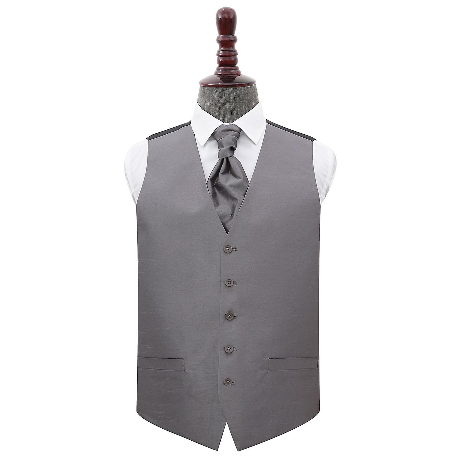 Steel Grey Plain Shantung Wedding Waistcoat and Cravat Set