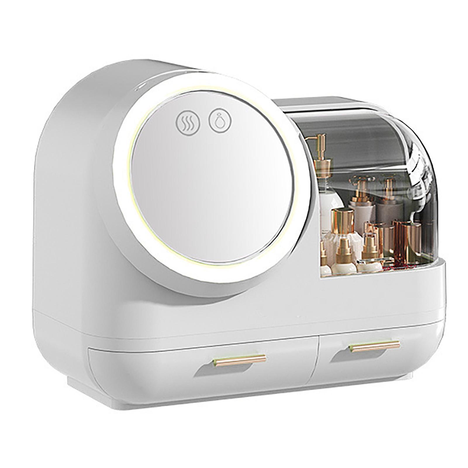 Mirror Fan Makeup Case Large Capacity LED Light Mirror Makeup Storage Box για τις γυναίκες Λευκό 