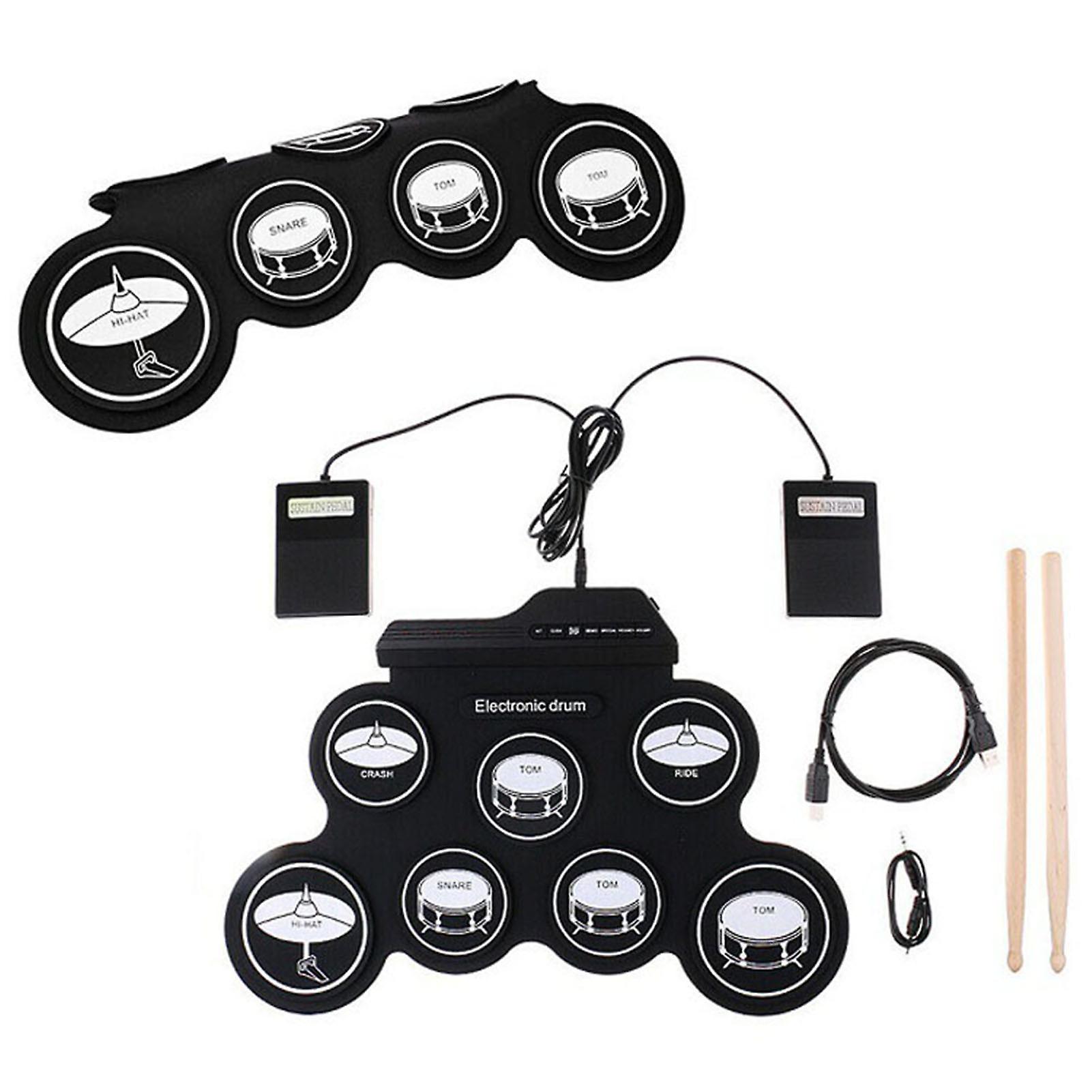 Electronic Drum Set 7 Pads 5 Tunings 8 Demo Songs 3 Rhythms Portable USB Roll-up Practice Pad
