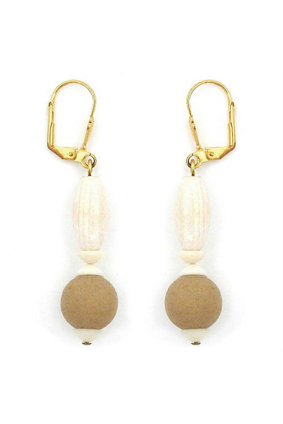 Leverback Earrings Wooden Beads White Brown - Gl03134