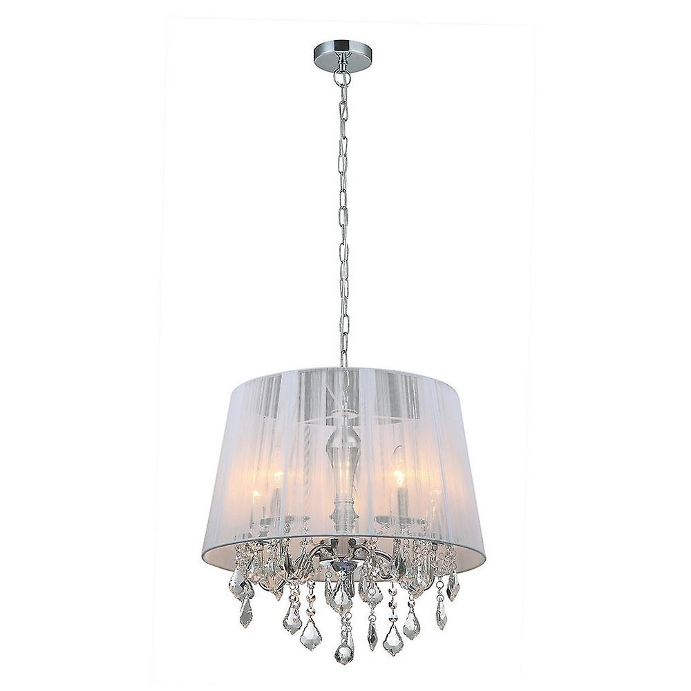Hanging Pendant Chrome, White 5 Light  with White Cloth Shade, E14