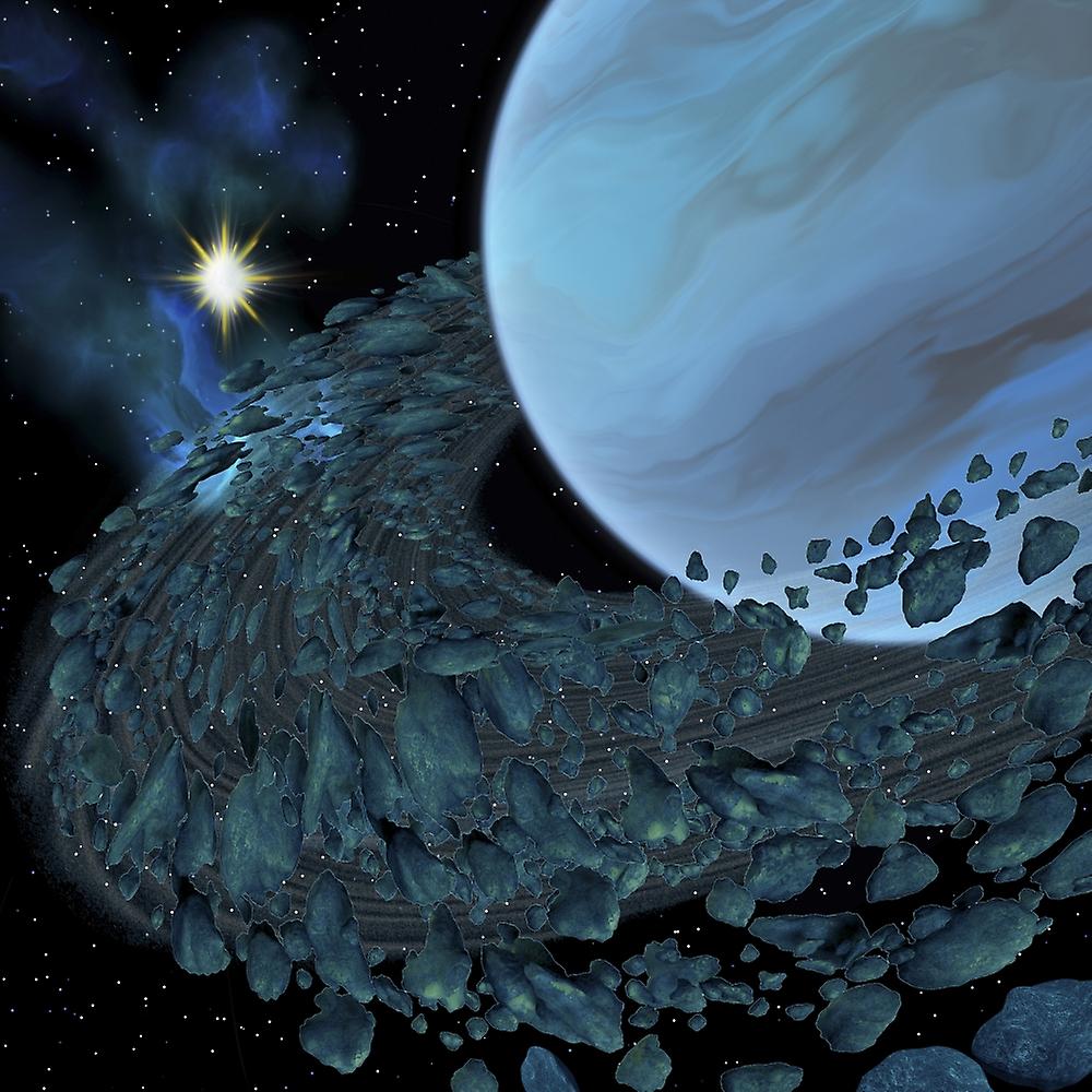 A planetary ring orbits around a blue planet. Poster