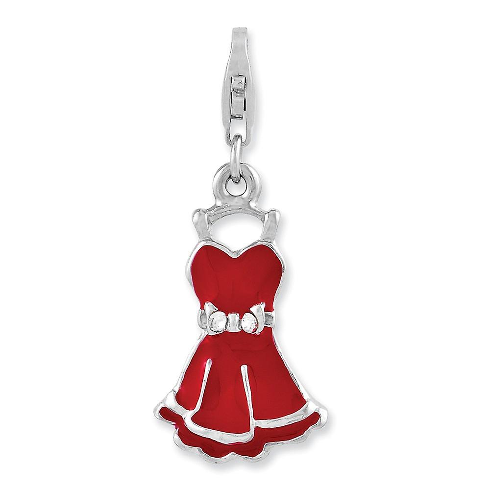 925 Sterling Silver Polished Fancy Lobster Closure Rhodium Plated Cubic Zirconia Enameled Dress With-Lobster Clasp Charm