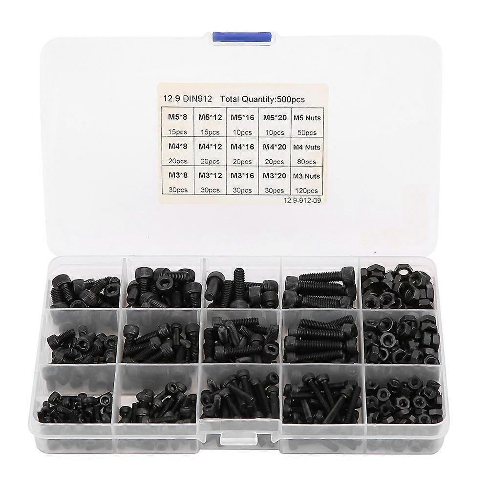 500Pcs Hex Socket Screw Set Black Cup Head Nut Combination Boxed AntiRust M3 M4 M5