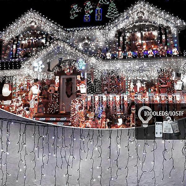 105 fod udendørs juledekorationslys, 1000 LED 8 tilstande gardin felys med 50 dråber, plug-in, vandtæt, timer, hukommelsesfunktion til jul h