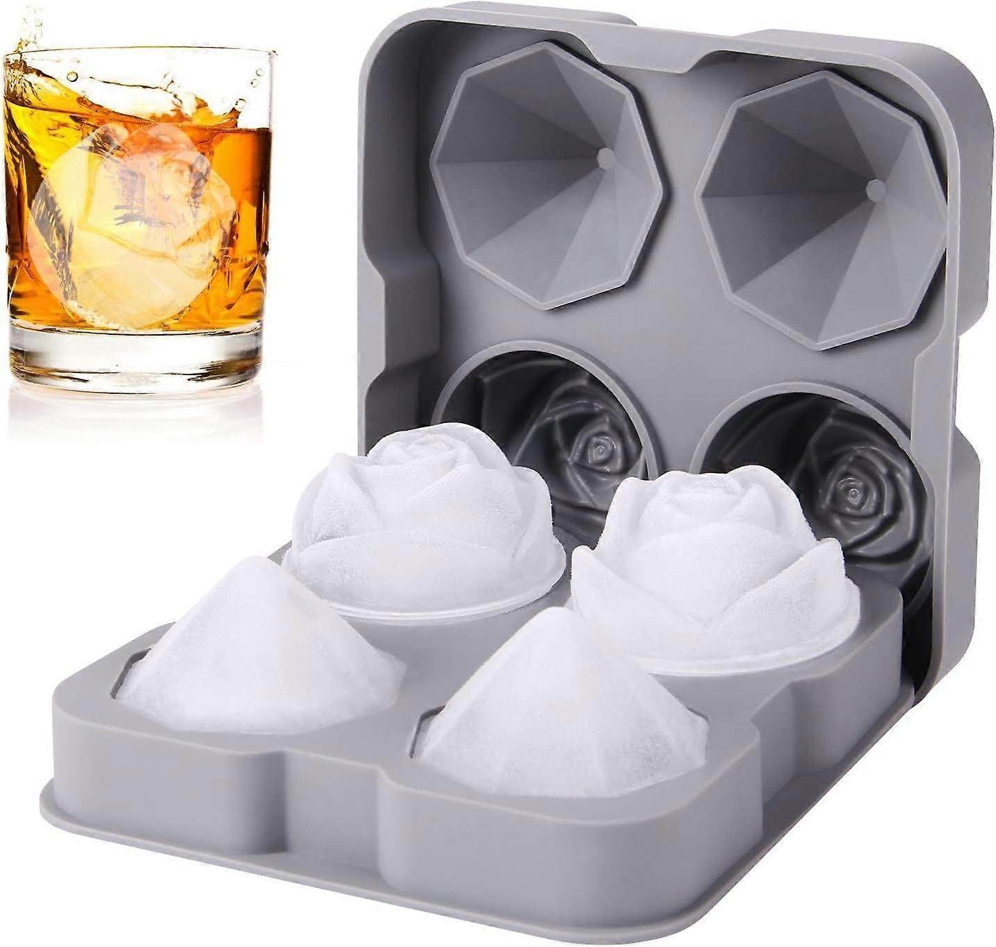 Ice Cube Tray,2 Silicone Rose Ice Tray & 2 Diamond Ice Ball Maker,2.5inch Ice Cube Molds Includes Fu