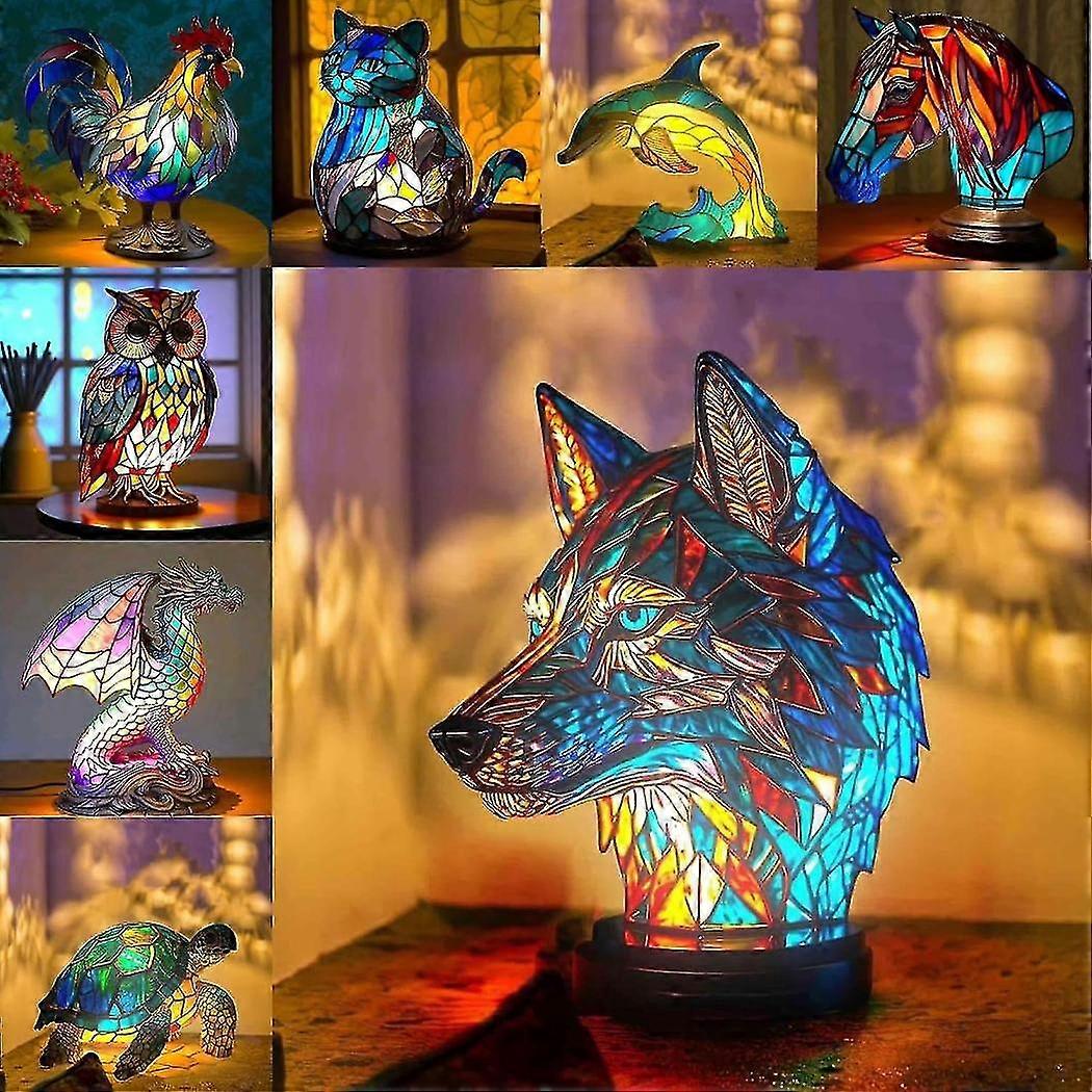 Animal Table Lamp Series, Retro Table Lamp, Stained Glass Wolf Horse Lion Elephant Dragon Dolphin Cat Owl Turtle Bedside Lamp Night Light, Tabletop Ho