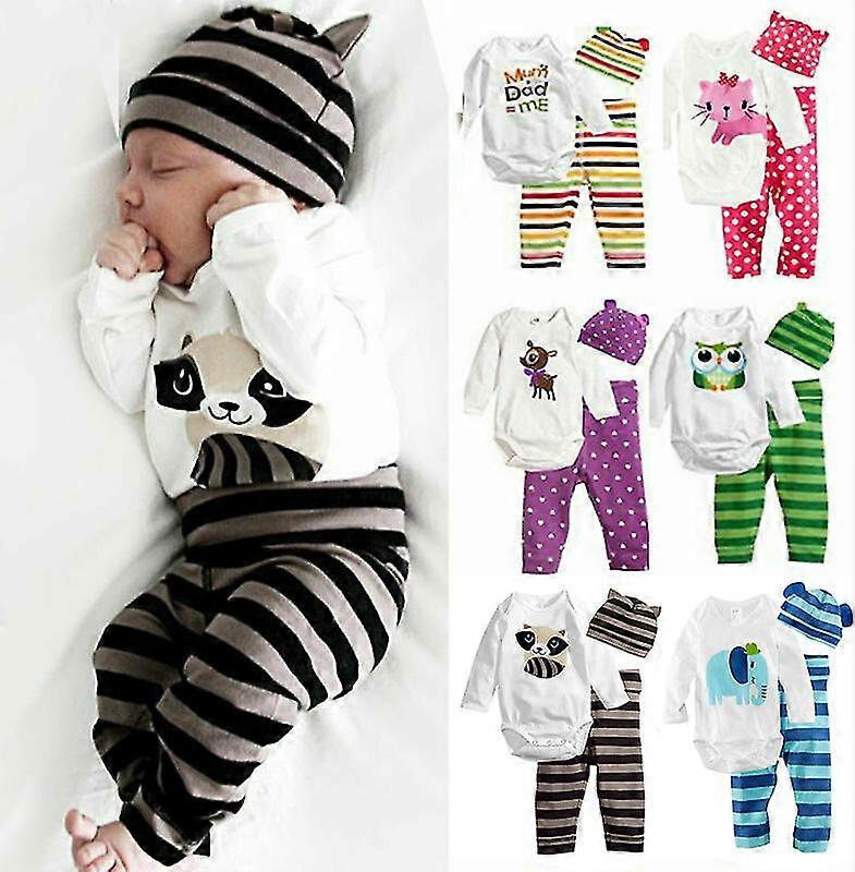 Newborn Toddler Baby Boys Girls Animal Print Romper Pants Hat Set Casual Outfit