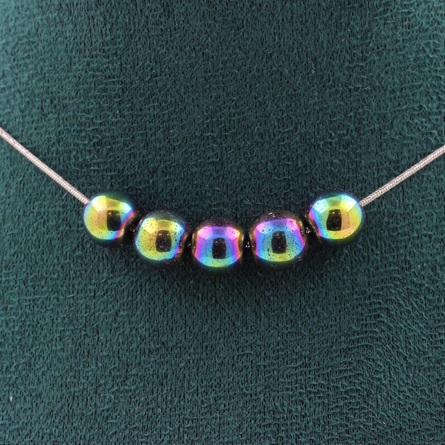 Necklace with 5 multicolored Hematite beads 8 mm, stainless steel chain