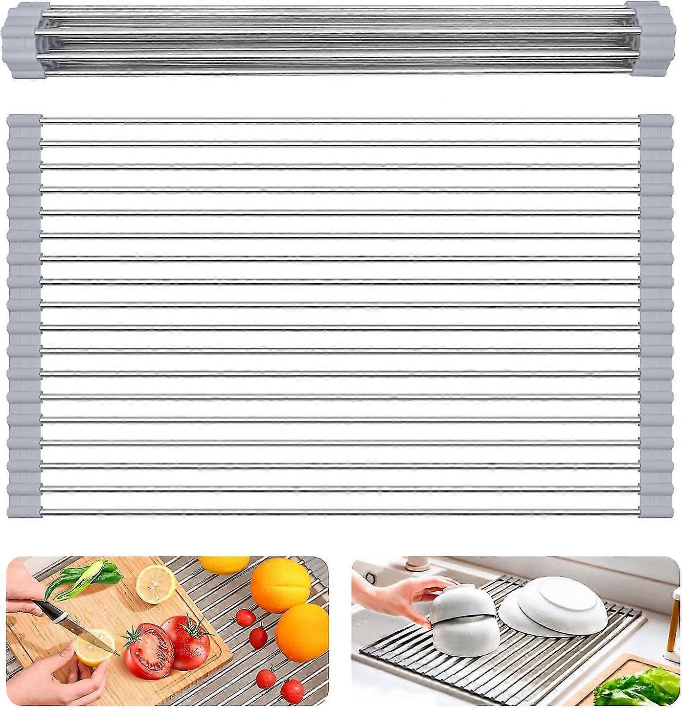 Roll Up Dish Drying Rack Kitchen Over Sink Dish Drainer Sink Rack Foldable Multi-use Dish Drainers With Non-slip Silicone And 304 Stainless Steel Pi