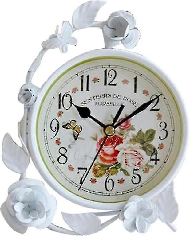 White Iron Flowers Table Clock, Silent Desk Shelf Clocks Bedside Clock
