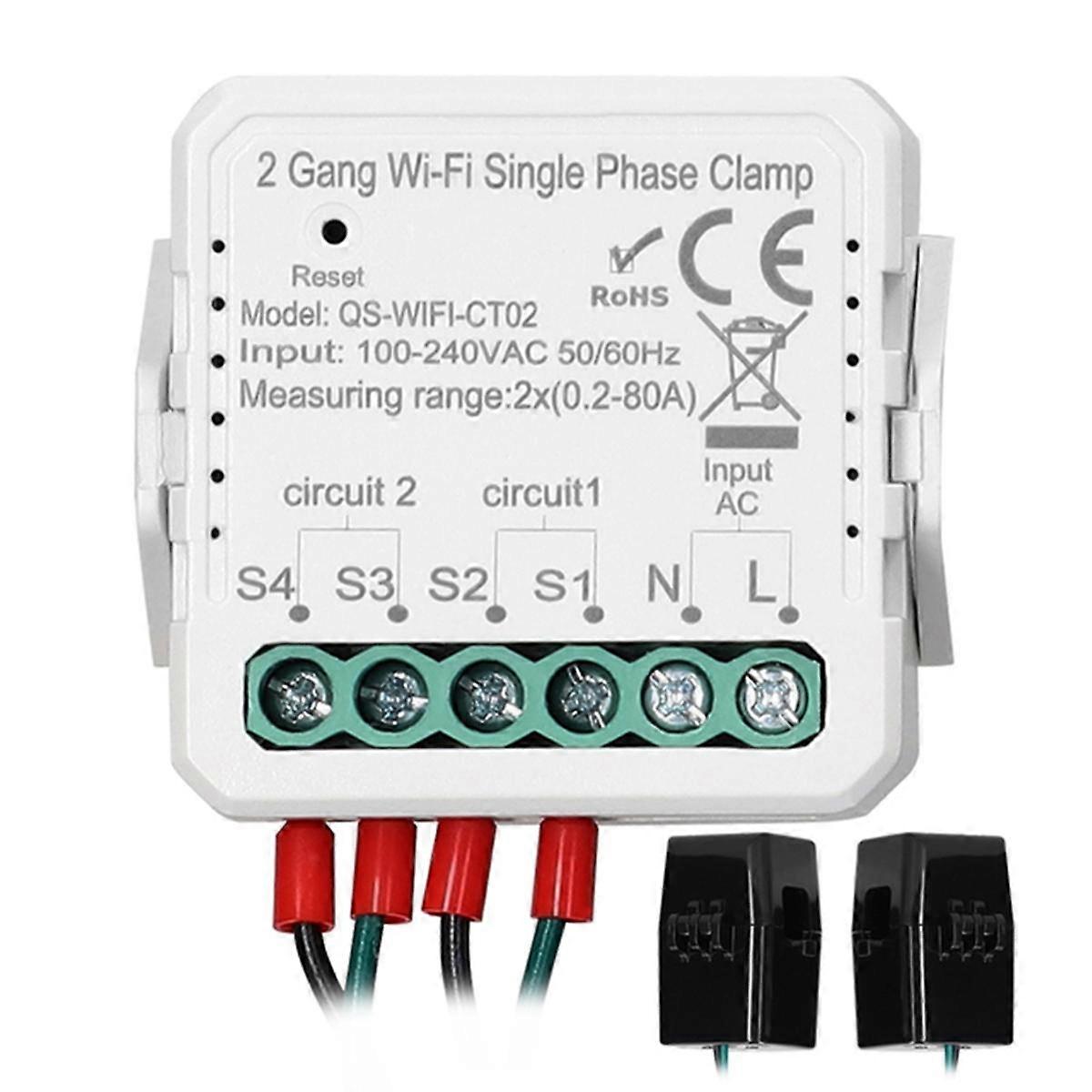 Tuya WiFi 80A Single Phase Clamp Solar PV Bidirectional Two Way Energy Meter APP Control,2 Gang