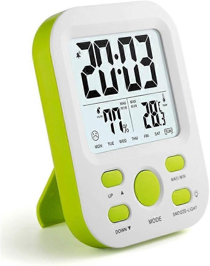 Digital alarm clock with snooze and sleep timer, 12/24 hour, backlit display, automatic humidity and temperature adjustment.